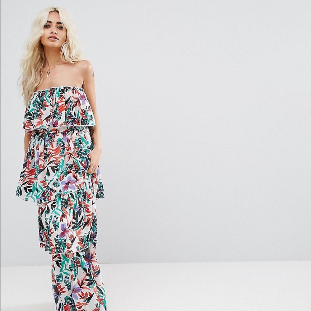 Boohoo Petite Tiered Tropical Print Maxi Dress